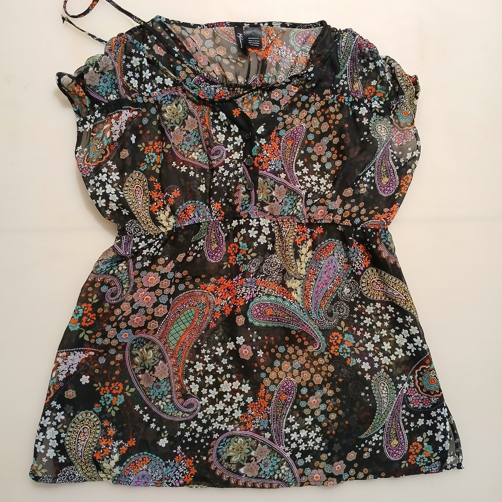 Kylee Dress, Sz L, Colorful, Paisley & Floral, See Thru Fabric, Buttons